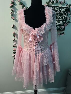 Dollskill Trickz N' Treatz Pink Lace Brocade Fairy Core Dress - Size M